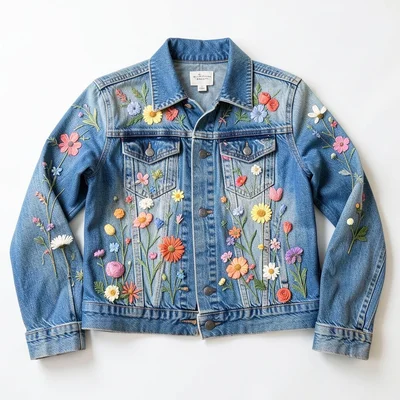 Denim jacket covered in hand-embroidered wildflowers, flat lay on white surface