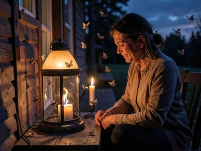 Hurricane lamp illuminating porch sitter, the rural evening, moths circling the 