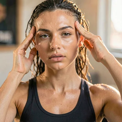 Soft portrait of a model post-workout, fingertip wiping sweat at her temple, pai