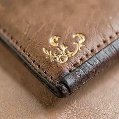 Macro of a hand-tooled leather corner with subtle gold-leaf relief, no readable