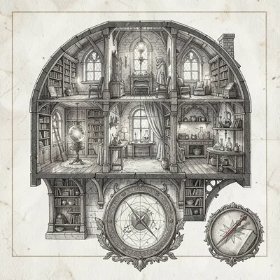 A high-fantasy mage-tower interior cross-section with library, scrying chamber,
