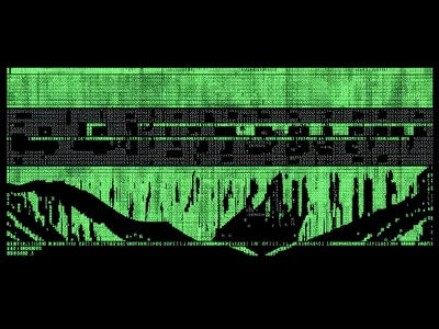 A grand canyon panorama in ASCII — rock strata as horizontal bands of varying ch