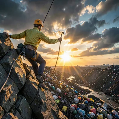 Dramatic rock climber reaching the summit of a landfill hill