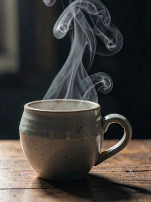 A ceramic cup with steam rising, tea invisible, only vapor catching side light