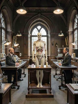 Victorian operating theater, single anatomical model posed center stage