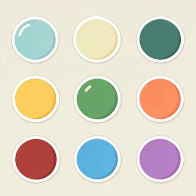 Flat catalog grid of nine sticker shapes in different colorways, balanced spacin