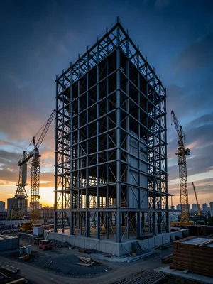 A building skeleton: the steel frame of a high-rise before cladding, the city vi