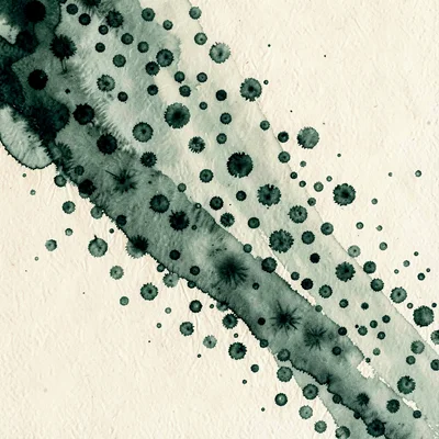 A diagonal scatter of seed-marks falls across the canvas in deep emerald against