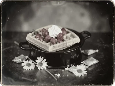 A waffle with strawberries and whipped cream on an antique cast iron with scatte