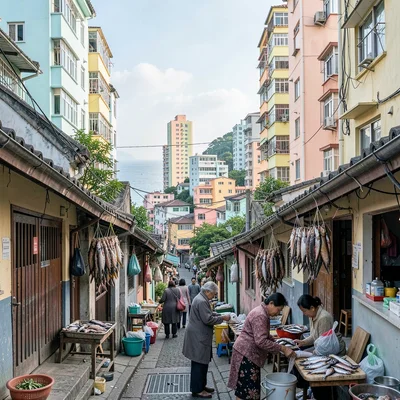 Busan vertical density, hillside village stacking, grandmother selling dried fis
