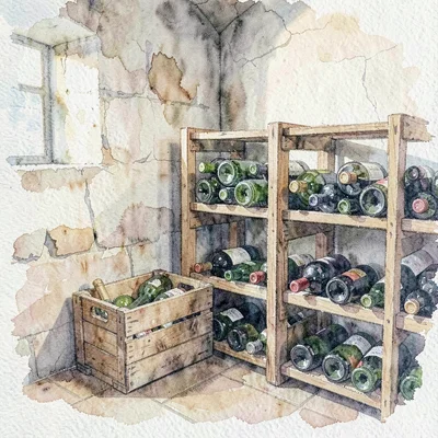 Watercolor of a cellar corner with crates of bottles aging horizontally on woode