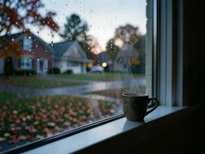 Window view of rain falling on autumn leaves, steaming cup on the windowsill ins