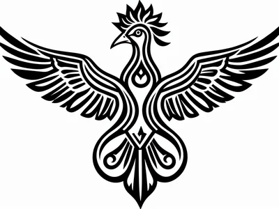 Thunderbird — wings spread wide, curved lightning snake in each wing, crest over