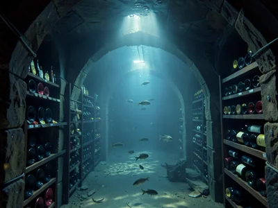 Underwater wine cellar, stone arches, bottles in racks, fish swimming between, l