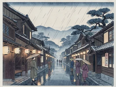Town street in evening rain — lanterns along the eave, travelers with paper umbr