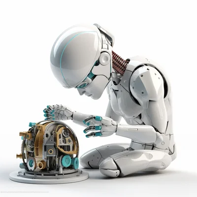 3D plastilina robot brain assembly tools on clean whi