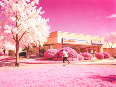 A teenager skateboarding past a strip mall with ornamental pink bushes