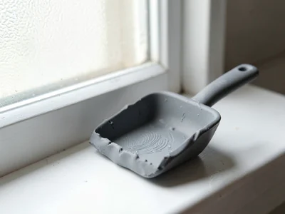 Vacuumed putty-grey dust pan with a slumped handle and fingernail dents along it