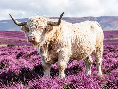 Scottish highland cattle standing in magenta grass, shaggy coats in impossible c