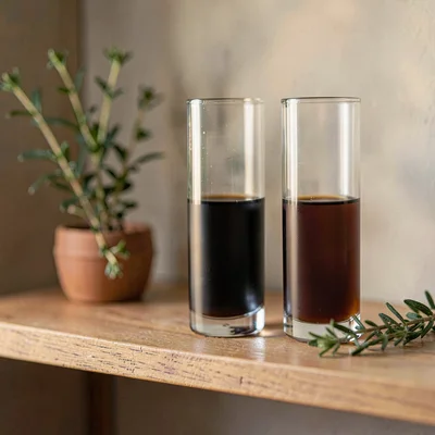 Vertical hero of three sample tubes lined up on a wooden shelf with a sprig of h