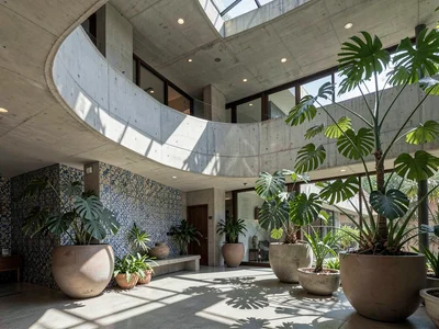 Museum lobby with double-height ceiling, curving mezzanine balcony, monstera pla