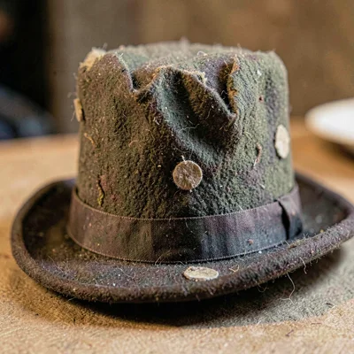 Worn-material study of a battered top hat with crown dented and brim softened