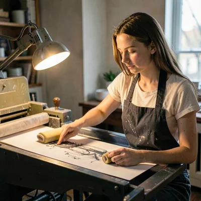 A focused white printmaker in her twenties pulling a print from a press, lamp gl