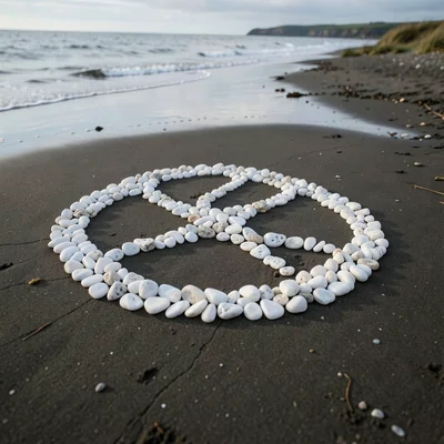 White quartz pebbles arranged in a Celtic knot pattern on dark wet sand, tide li