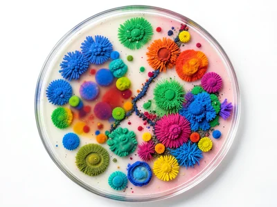 Mixed culture interference zone, two different colored colonies meeting and repe