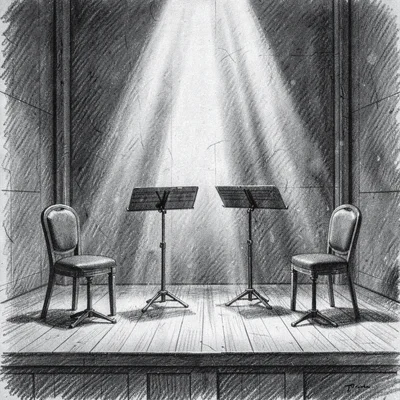 Charcoal study of an empty quartet stage with four chairs and music stands, dust