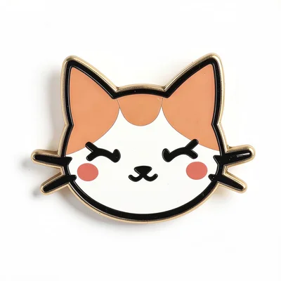 Enamel pin illustration, Cute cat face with closed eyes and blush marks , bold s