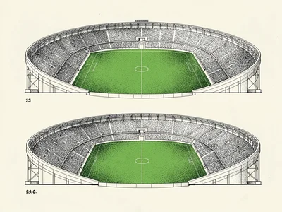 Paired plan and elevation of a stadium fill with tiny stippled crowd dots and on