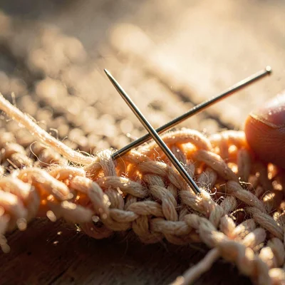 Side-lit macro of a single needle resting in a half-knit row