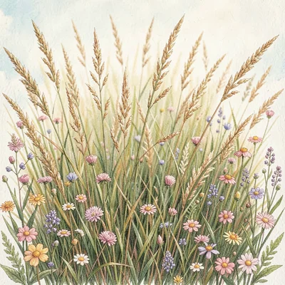 botanical illustration of meadow grass with wildflower edges