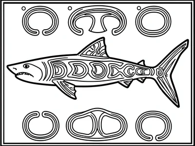 Dogfish shark — long body, gill slits as repeating U-forms, tail split-U