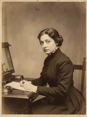 A Victorian woman in a dark dress at a writing desk, looking slightly away