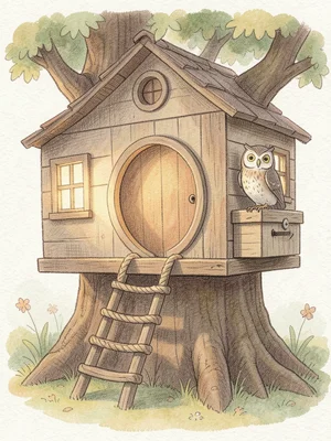 A cozy treehouse with a round door, warm light from windows, a rope ladder, and 