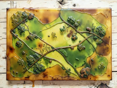 Encaustic wax painting of spring landscape from above, translucent green layers
