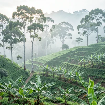 Emerald green hills through morning mist in Kigali, Rwanda, Eucalyptus trees in 
