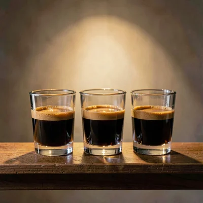 Warm still-life of three espresso shots in clear glass on a wooden rail, soft tu