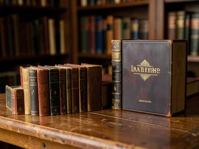 A collection of miniature books alongside a full-sized one for scale, each a per