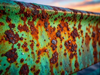 Seaside railing with rust patterns resembling sunset gradient