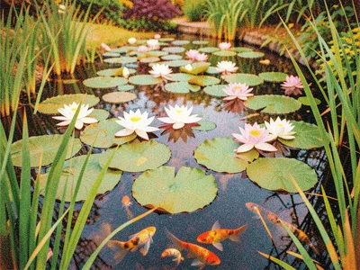 A garden pond with white and pink water lilies, a few goldfish visible below the