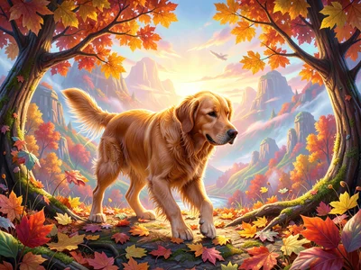 A breathtaking surreal landscape, dreamlike atmosphere,. a golden retriever play