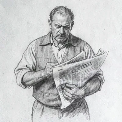 Loose charcoal sketch of a vendor folding a thick broadsheet across his arm, mot