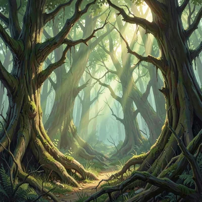 Painterly zone vista of a haunted forest with twisted trees and shafts of green 