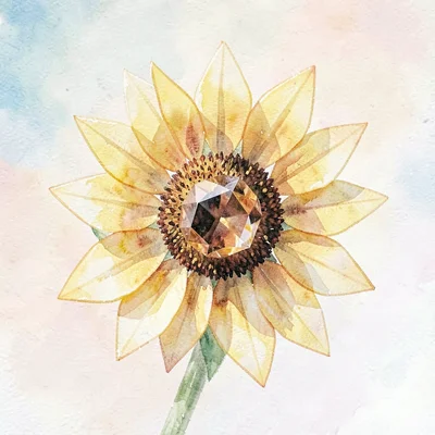 A faceted citrine lowpoly sunflower with thick yellow petals and a darker amber 