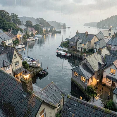 Painterly screenshot of a quiet harbor town from above, slate roofs slick with r