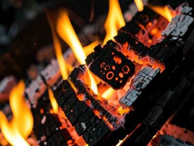 Burning log detail showing cellular char