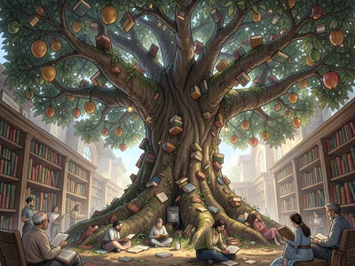 Library tree — enormous tree with books growing like fruit, people reading benea